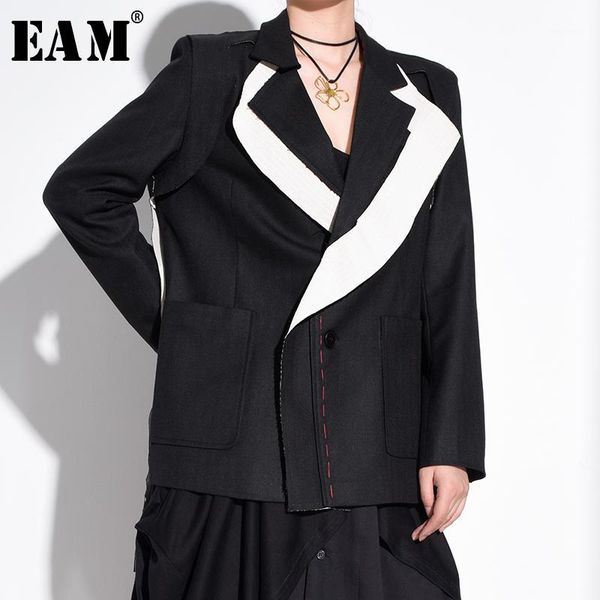 

eam] women black burr stitch leisure blazer new lapel long sleeve loose fit jacket fashion tide spring autumn 2020 1w519011, White;black