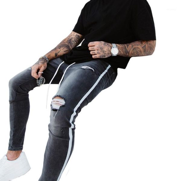 

men ripped jean skinny destroyed denim pencil pants fashion cool comfy stretch stripe trim pants fit plus size male1, Blue