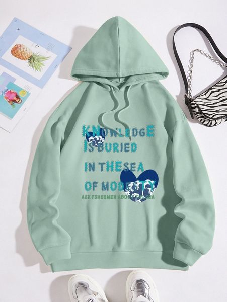 

heart & slogan graphic drawstring thermal hoodie x6pa#, White;black