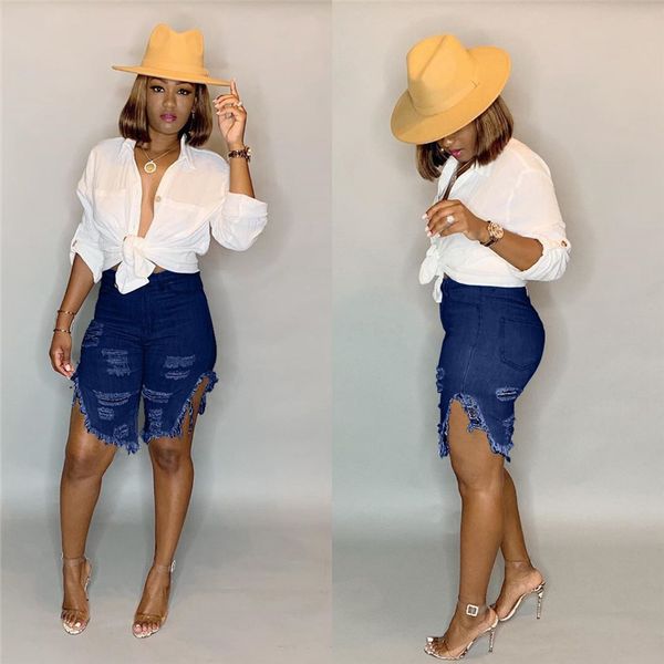 

2021 summer women's hole denim shorts middle pants fashion black blue tassel middle pants ladies girls casual jeans clothes h2301, White