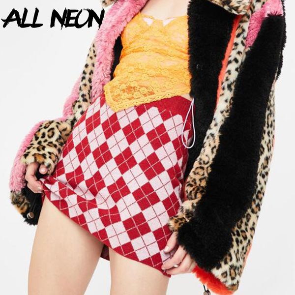 

allneon e-girl sweet argyle plaid knitted sweater skirts vintage high waist bodycon red skirts y2k fashion preppy style bottoms, White