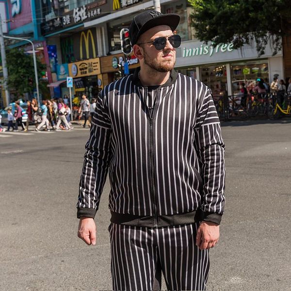 

plus size men's sports casual striped print cotton fat to increase loose jacket, Black;brown