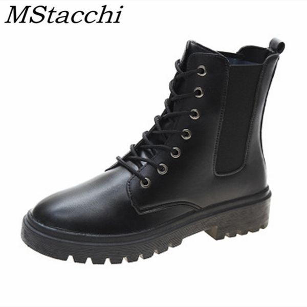 

mstacchi плоский ретро мотоциклов ботинки женщин lace-up круглый toe сплошные цвета мода комфортные женская обувь kalosze damskie 201020, Black