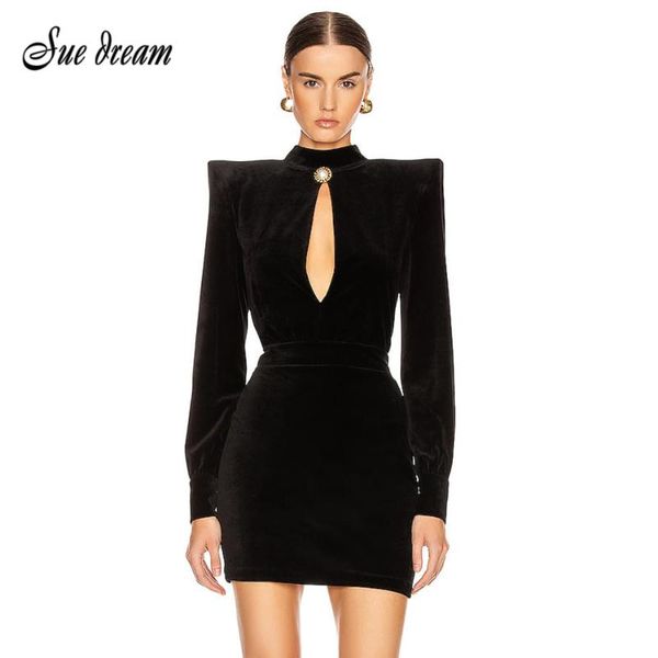 

2021 new winter women's stand long sleeve button slim black velvet dress fashion celebrity club party dress vestido, Black;gray