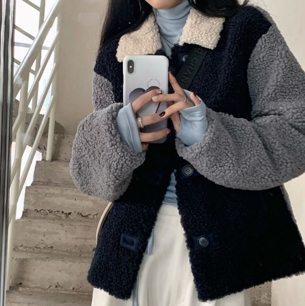 

the wonderful contrast of blue and gray, soft and spliced fur, lamb wool coat, new 2020 women's clothing, Black