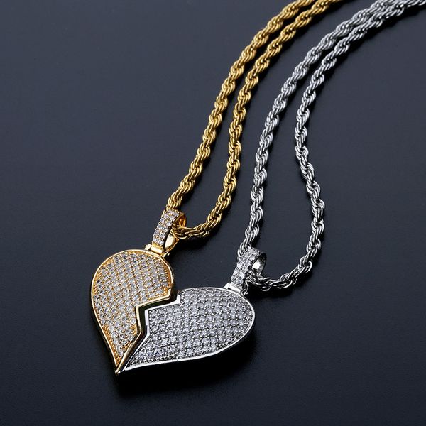 

broken heart съемный двойной застегнутом пара хип-хоп кулон gemstone ожерелье твердая новый, Silver