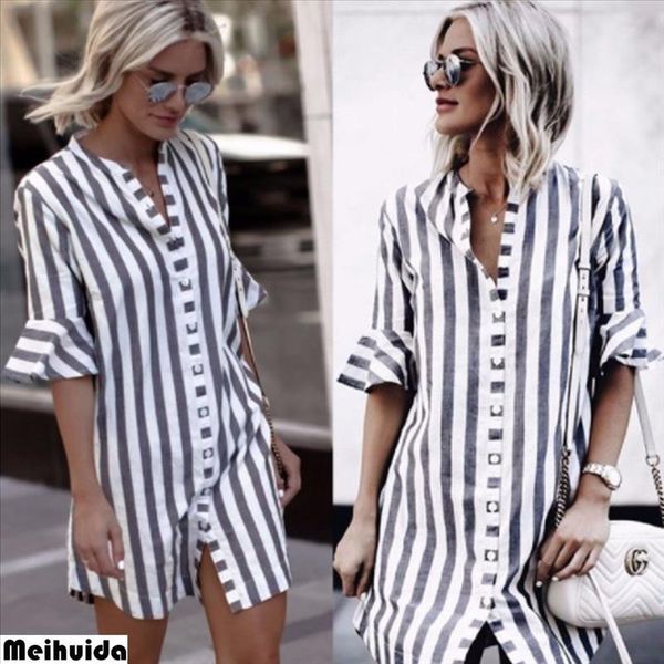 

womens clothing fashion casual striped plus size women loose long sleeve irregular ladies button shirt, White