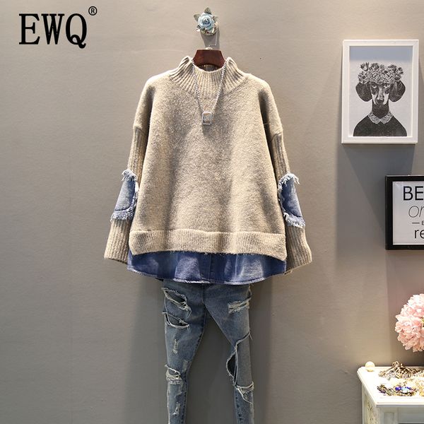 

[ewq] 2020 spring autumn round collar long sleeve fake two piece denim knittng streetwear sweater women ah50202 t200101, White;black