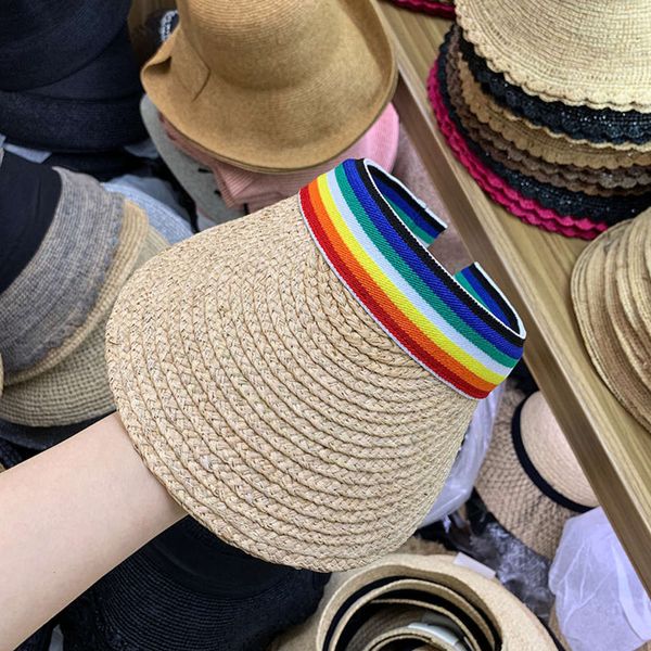 

straw summer versatile women's rainbow color decoration leisure sun student travel age reduction hat trend, Blue;gray