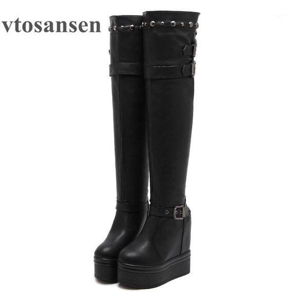 

boots shoemetal buckle over the knee high heels platform wedges black tight for women fashion rivet winter1