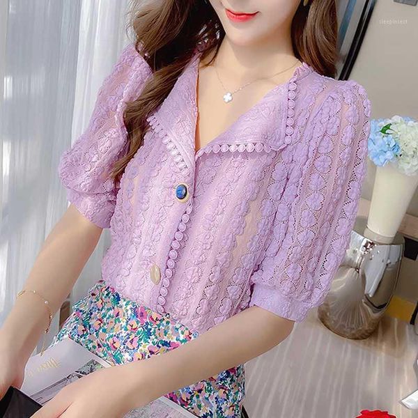 

elegant sweet doll lace blouse shirt female 2020 summer new single-breasted short-sleeved women 1, White