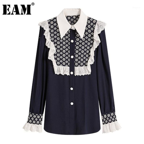 

eam] women dark blue ruffles big size blouse new stand collar long sleeve loose fit shirt fashion spring summer 2020 1z3751, White