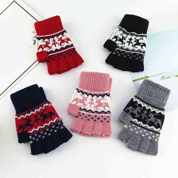 

five fingers gloves 1 pair knitted soft fingerless half-finger driving semi-finger deer pattern christmas winter warm mittens, Blue;gray