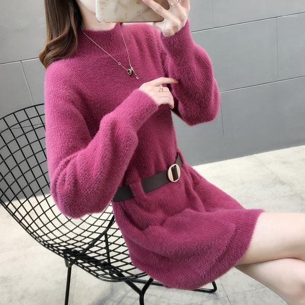 

women's knits & tees 5119o zone 11] - real s mink half high collar pocket belt fur dress 631, White