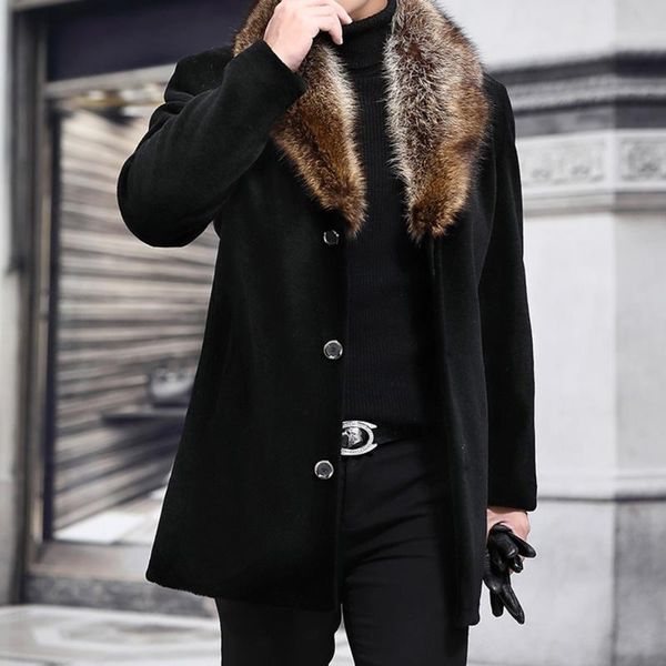 

men's wool & blends winter men long woolen coat fur collar warm male solid slim casual windbreaker jacket autumn fashion outwear plus s, Black