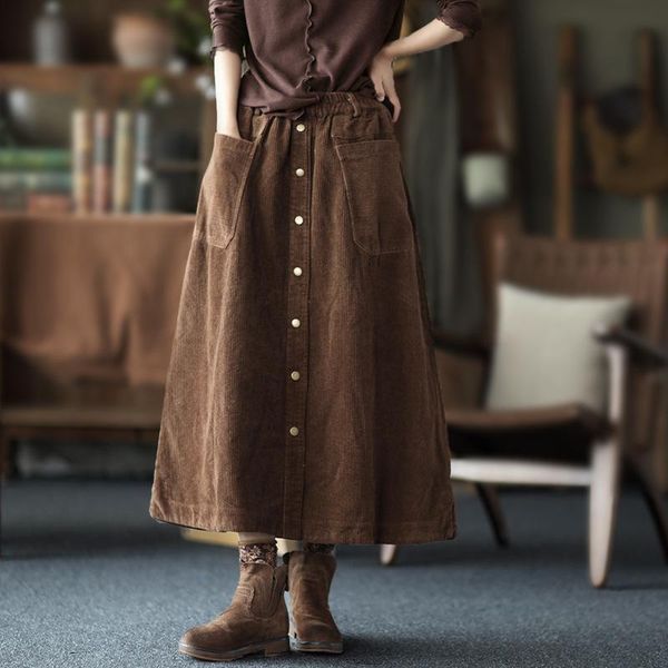 

nini wonderland 2021 spring corduroy a-line skirt women elastic waist pocket midi skirt lady button autumn vintage loose skirts, Black