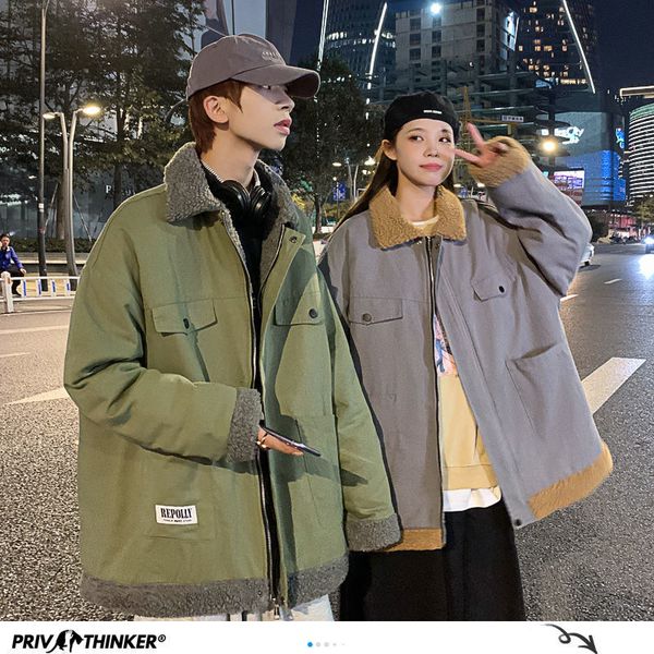 

2021 new privathinker thicken zipper couple winter new man oversize jackets japanese streetwear woman warm clothing es1b, Black;brown