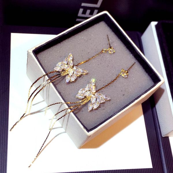 

Ins sparkling diamond zircon crystal beautiful butterfly long dangle stud earrings for women girls Fashion luxury