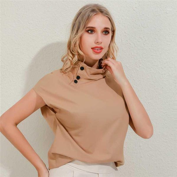 

women solid stand neck button cotton shirt summer short sleeve blouse casual female tunic plus size1, White