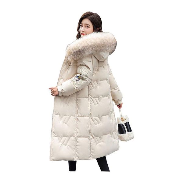 

women x-long winter jacket reversible hooded fur collar embroidery windproof warm bio down coat oversize cotton padded parkas, Black