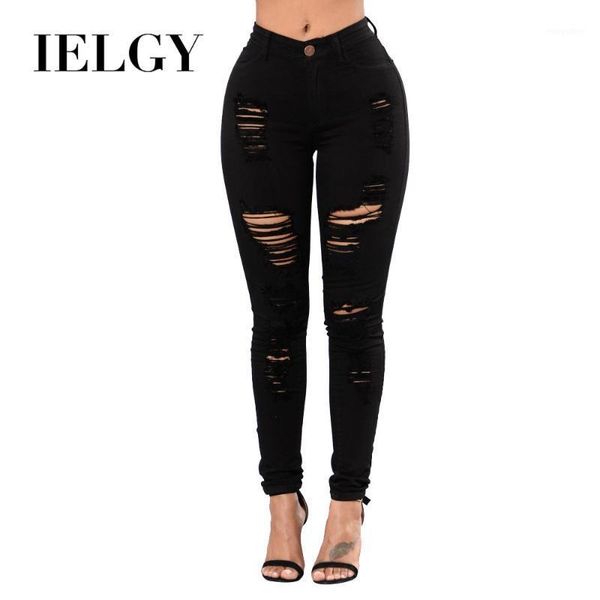 

ielgy knee hole jeans women's fashion slim multi-colored mid-rise large size wild feet trousers pant1, Blue