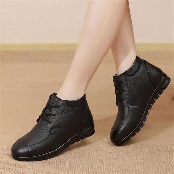

boots 2021 winter genuine leather snow warm plush women comfortable non-slip wear wedge large size, Black