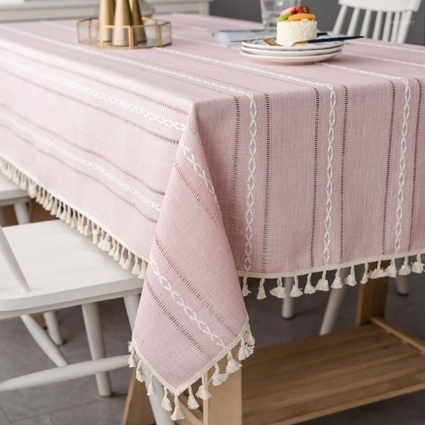 

table cloth nordic christmas tablecloth pink hollow embroidered jacquard striped rectangle cotton linen dining cover decor1