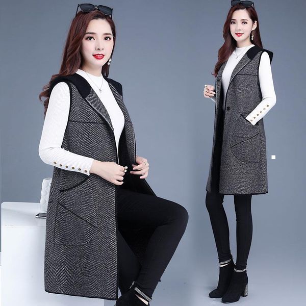 

new 2021 female spring woolen collar with hood leeveless waistcoat vest plus size 5xl y209 36k6 ee85, Black;white