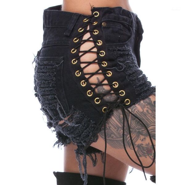 

plus size black fashion women denim shorts side eyelets laced-up pencil shorts back ripped tassel details skinny short pant1, Blue