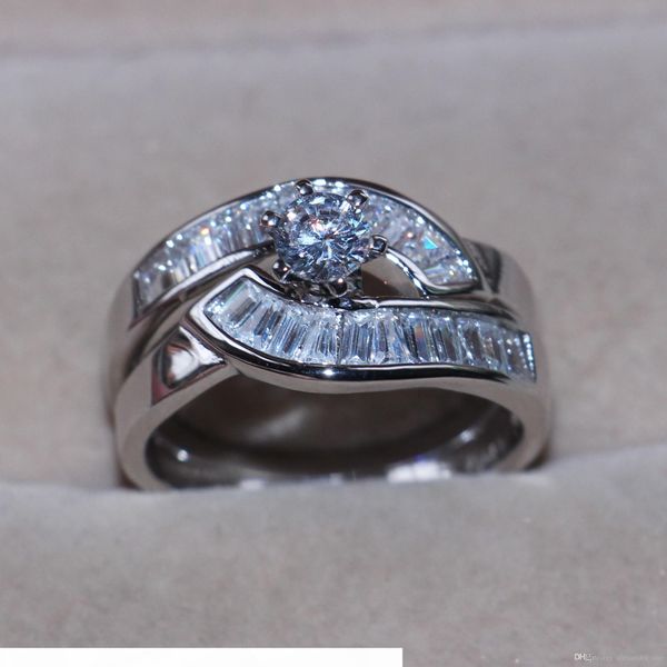 

fashion 10kt white gold filled wedding ring sets for women six claw inlaid simulated diamond zircon gem stone rings cocktail band jewelry, Slivery;golden