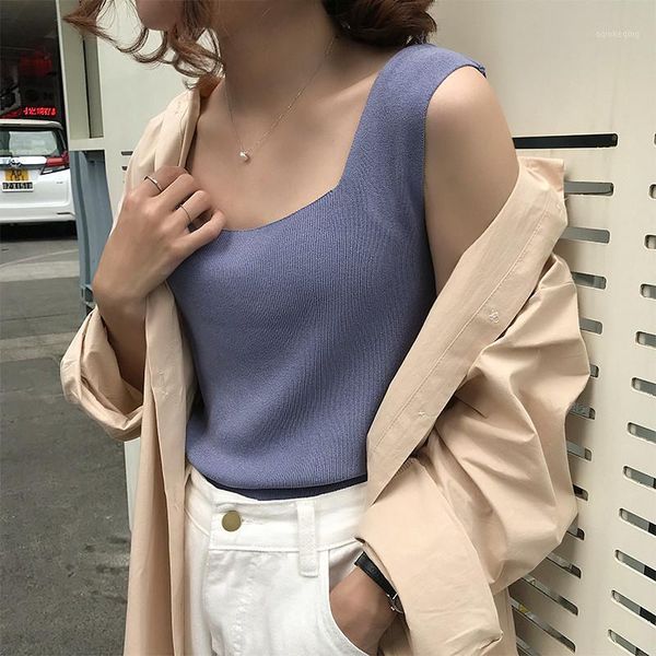 

lychee girls vintage summer women knitted camis square collar slim knit sleeveless basic vest tank female1, White
