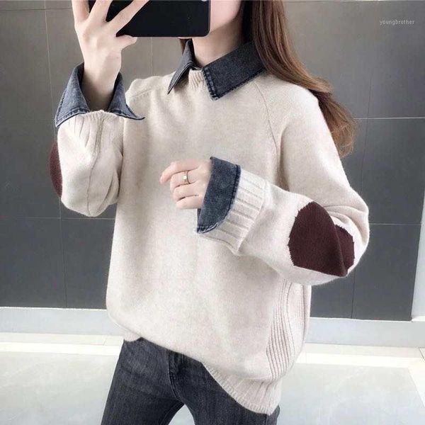 

2021 autumn winter turn-down collar knitted sweater women fake two pieces pullover casual korean style knitwear female y3171, White;black