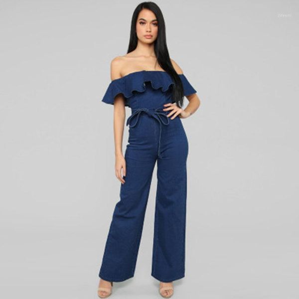 

summer women's plus size jumpsuit overalls off-the-shoulder ruffled skinny bag hip wash denim jumpsuit1, Black;white
