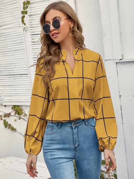 

windowpane plaid notched neck blouse u7tg#, White