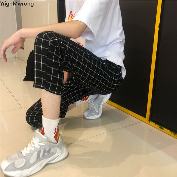 

vintage plaid drawstring high waist pocket summer ankle jogger pant korean streetwear trouser harajuku women slim simple casual 1017, Black;white