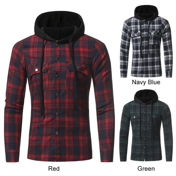 

mens new arrival soft plaid hooded checked flannel hoodies slim loose fit hooded long sleeve blouse casual, Black
