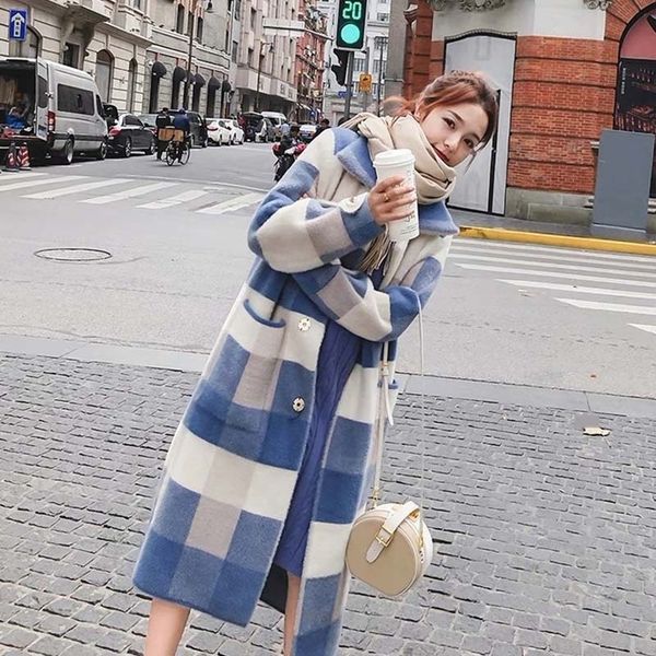 

w1do0 2020 women wool woolautumn knitted overcoat medium and long ezs0k thick mink like sweater cardigan for new plaid, White;black