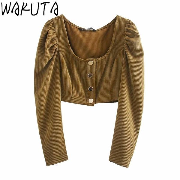 

wakuta new fall khaki corduroy short blouse women slim elegant fashion square collar long sleeve chic streetwear crop 2020, White