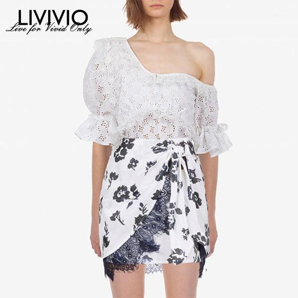 

livivo] new arrival vintage 2019 summer new style oblique shoulder leaf short-sleeve lace hook flower hollow women1, White
