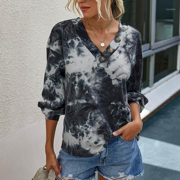 

women graphic tees fashion v-neck tie-dyed printing leisure time long sleeves sweater chemise femme manche longue #js51, White