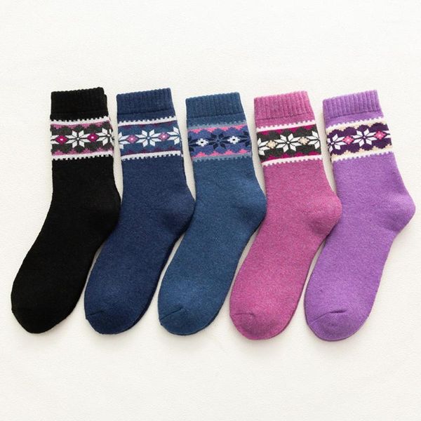 

sports socks 5 pack women's vintage winter soft breathable cotton female thicker anti-slip warm cold knit wool floor1, Black