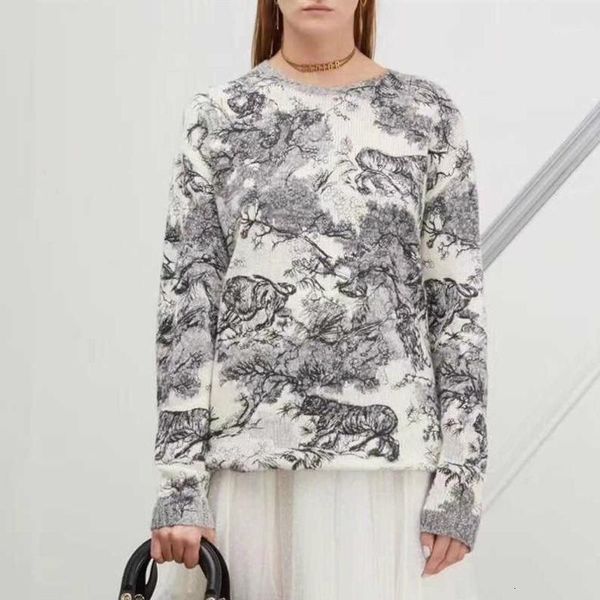 

runway designer sweaters 2020 fall vintage black tiger anima print sweater women thin knitted loose pullover sweater b0171, White;black