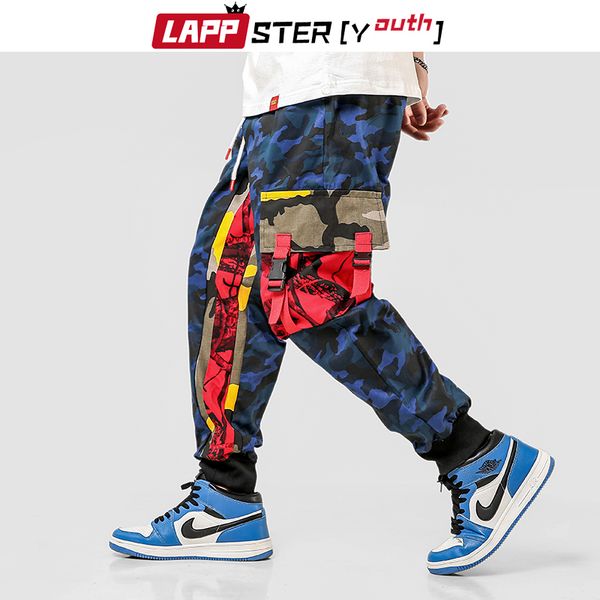 

lappster-youth camo cargo pants men 2020 overalls mens baggy color block hip hop joggers big pockets blue sweatpants plus size lj201007, Black
