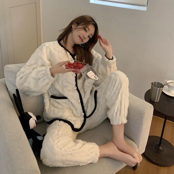 

winter 2021 new chic thickened heavy technology fluffy plaid plush pajamas set 2 pieces for women, Gray