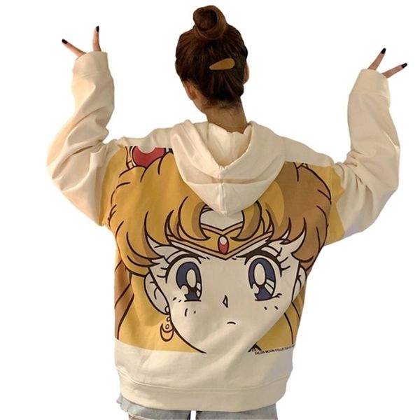 

harajuku sailor moon cartoon print hoodie women loose casual cute pocket long sleeve pullover clothes streetwear sweatshirt y200915, Black