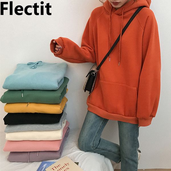 Flectit Женщина Негабаритный Hoodie Передний Чехол Карманный Карманный Толстый Флис Толстовка Pastel Color Основные Толстовки Толстовки / 201114