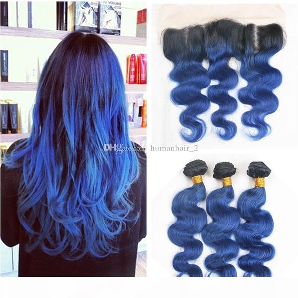 

two tone ombre peruvian body wave hair weaves with lace frontal t1b blue virgin human hair weft with frontal closure double weft extensions, Black;brown