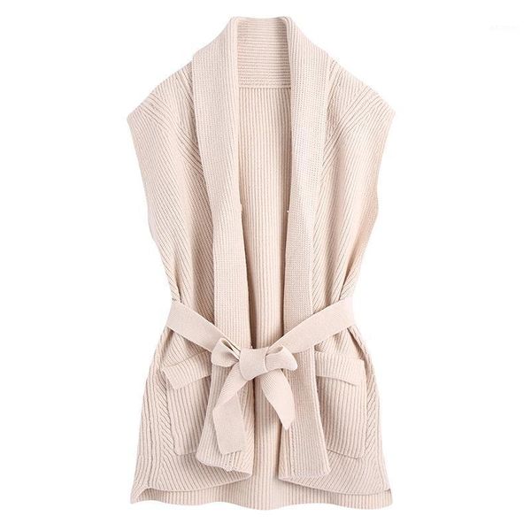 

katara turn down collar sweaters women fashion sleeveless sweater women elegant tie belt waist pockets sweaters female ladies jo1, Black;white