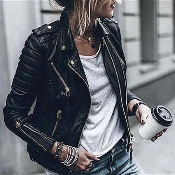 

vintage women's black faux leather jacket coat korean fashion motorcycle biker jacket zipper rivet short punk pu 20201