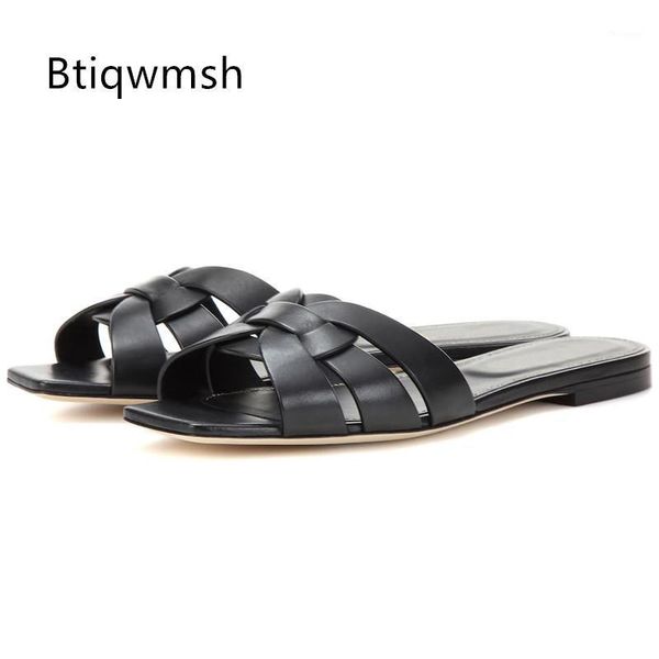 

soft real leather slippers women open toe weave flat shoes woman 5.5cm high heels female fashion sandals1, Black